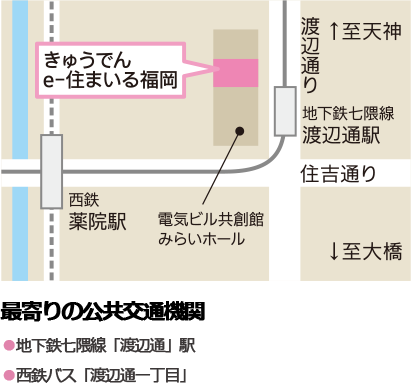 きゅうでんe-住まいる福岡「アクセスマップ」最寄りの公共交通機関：地下鉄七隈線「渡辺通」駅：西鉄バス「渡辺通一丁目」
