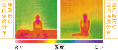 イメージ：輻射熱の温度を比較する床暖房と温風暖房の室内温度分布