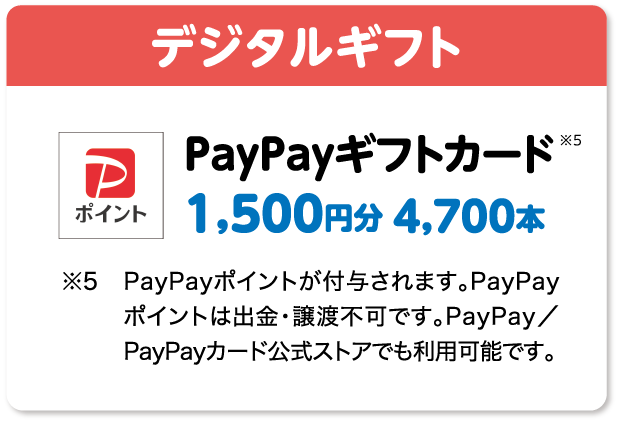 デジタルギフト｜PayPayギフトカード※5｜1,500円分 4,700本　※4PayPayポイントが付与されます。PayPayポイントは出金・譲渡不可です。PayPay／PayPayカード公式ストアでも利用可能です。
